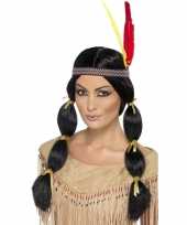 Indianen damespruik met staarten en hoofdband